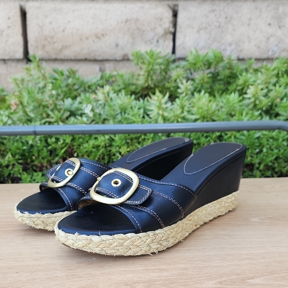 Coach Women's Sz 10 B Greer Black Leather Jute Wedge Gold Buckle Sandals - Picture 1 of 13
